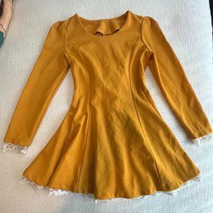 Mustard Yellow Long Sleeved Lace Trim A-Line Dress